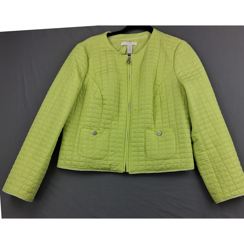 Chicos Lime Green Quilted Zip Front Jacket Size 1 Small Collarless Lightweight